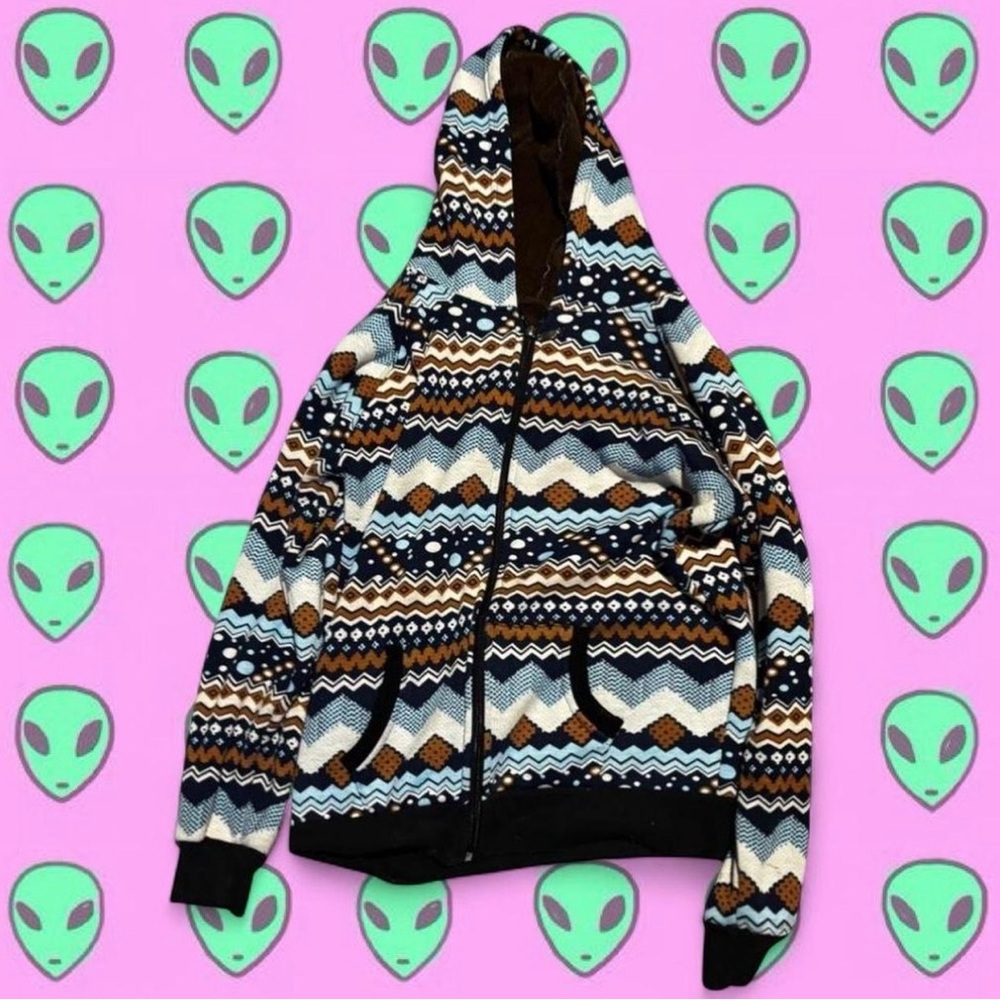 ⋆˚꩜｡ Indie-sleeze patterned zip up hoodie. Size M⋆˚꩜｡